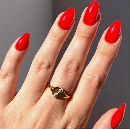LAMIMOSA 32Pcs Solid Press On Nails Short Almond – Bright Red Fake Nails in 16 Sizes, Soft Gel Glue on Nails Kit, RED CHILLI