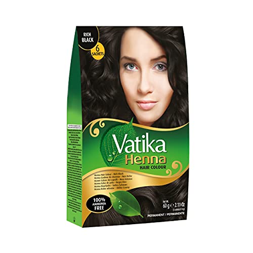 Vatika Naturals Permanent Hair Dye Rich Black – Ammonia-Free With Natural Henna, Grey Coverage, Nourishing Herbal Blend, Long-Lasting Hair Color for Soft, Shiny Results – 6 Sachets X 10g