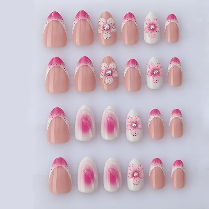 XZMeiLun 3D French Tip Flowers Press On Nails Almond Short, 3D Pattern French Tips Designer Reusable Acrylic Nails Press Ons, Fake Nails With Glue On, Daily Wear Floral False Nails For Women
