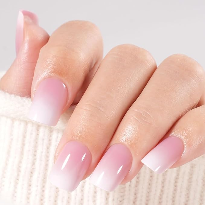 XZMeiLun Pink Ombre Press On Nails Short Square, Gradient French Tip Designer Fake Nail Reusable Real Acrylic Nails for Women, Glossy Soft Gel False Nail with Glue On Nails, Wedding Stick On Nail