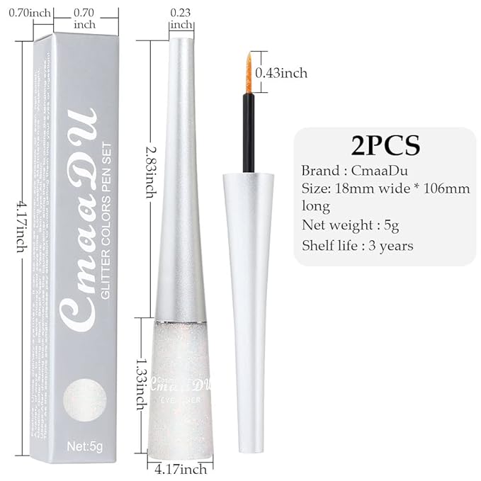 evpct 2Pcs Pearl White Silver Color Liquid Glitter Eyeliner Liners Sets for Women Liquid Sparkly Glitter Eyeliner delineador con glitter de colores para ojos colores 09+10
