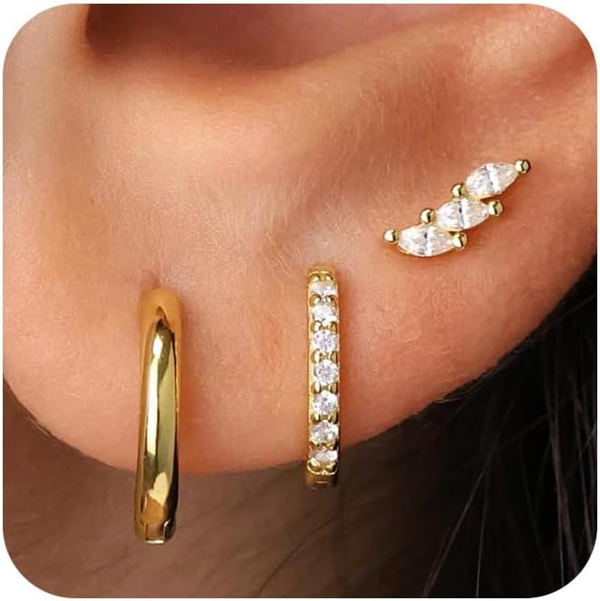 Freekiss 3 Pairs Gold Hoop Earrings Set: Dainty Stud Earrings Trendy Small 14K Gold Plated Hypoallergenic Dangle Cartilage Huggie Hoop Earrings for Women Gold Jewelry for Women Gifts