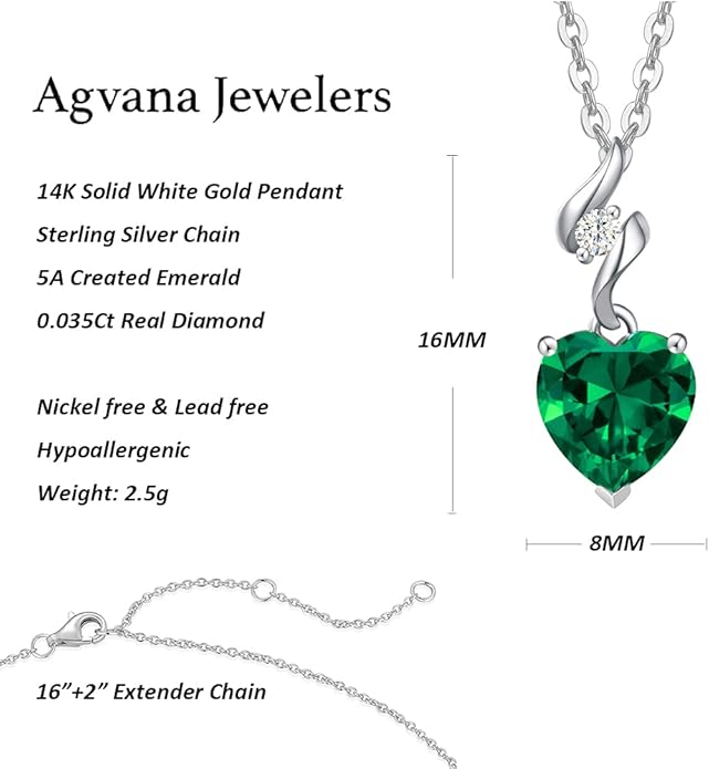AGVANA Christmas Gifts 14K Solid White Gold Diamond Gemstone Pendant with Sterling Silver Chain 8mm Heart Birthstone Necklace Fine Jewelry Anniversary Birthday Gifts for Women Mom Wife