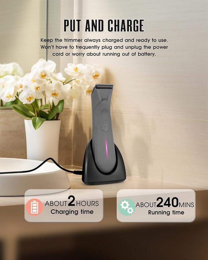Body Trimmer for Men - Groin & Ball Shaver with Charging Dock - Constant Power No-Pull Electric Pubic Hair Clipper - 5-in-1 Guard Waterproof Body Groomer with LED Light, for Groin, Armpit & Body