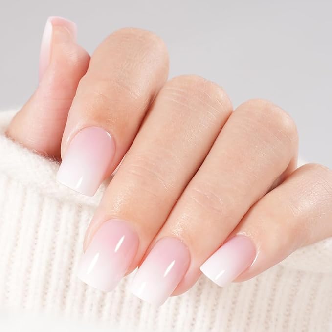 XZMeiLun Light Pink Ombre Press On Nails Short Square, Gradient French Tip Designer Fake Nail Reusable Real Acrylic Nails for Women, Glossy Soft Gel False Nail with Glue On Nails,Wedding Stick On Nail