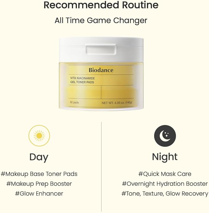 Biodance Vita Niacinamide Gel Toner Pads, Dark Spot Corrector, Evening Skin Tone, Gentle Exfoliating Toner Pads with Vitamin C, Korean Skin Care, Gifts for womenㅣ4.93 fl.oz.(140g)*60Pads