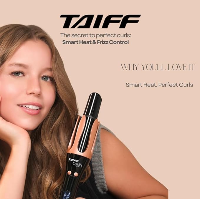 Taiff Automatic Curling Iron | 1¼" Rotating Barrel with Ion Technology | PTC Fast Heating | 3 Heat Settings 340°F–410°F | Dual Voltage Hair Curler for Smooth Frizz Free Long Lasting Curls