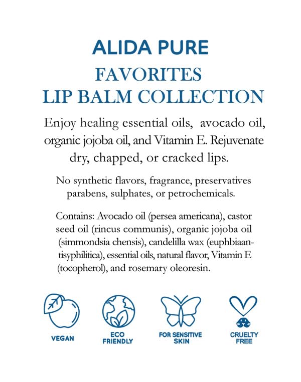 Favorites Lip Balm Collection, Vegan Set, Bees Wax Free, Coconut Oil Free, with Organic Jojoba and Avocado Oil, Vitamin E, Natural Moisturizer For Dry Cracked Lips, 3 Tube Set