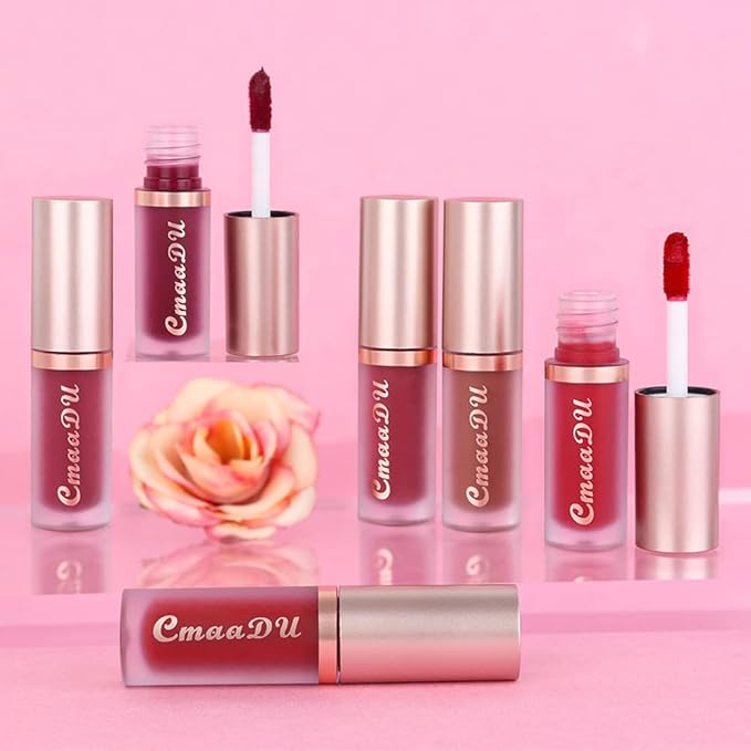 evpct 6Pcs Dark Bright Ruby Sexy Brick Mauve Plum Red Brown Matte Matt Liquid Lipstick Lip Gloss Glossy Set for Black Women 24 Hour Silky Velvet Lipstick Lip Liner set labiales matte larga duracion 24