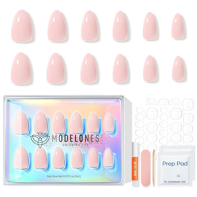 Modelones Pink Press on Nails Almond, Valentines Short Fake Nails, Reusable Nail Kit with Nail Glue Adhesive Tabs Mini Nail File, Nails Press Ons 32Pcs 16 Sizes, Women Girl Gift