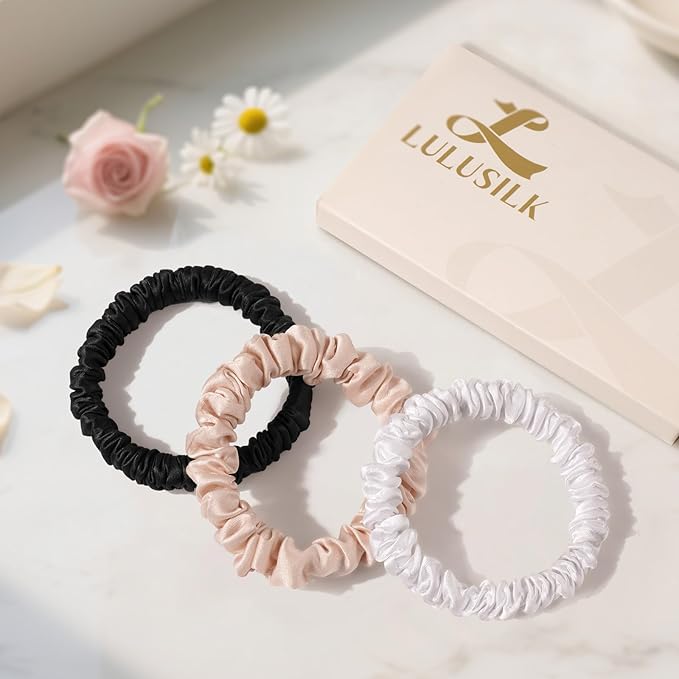 LULUSILK Small Silk Hair Ties No Damage, 100% Real Mulberry Silk, Skinny Scrunchies Ponytail Holders for Thin Fine Hair, Black White and Lotus Pink, Pack of 3