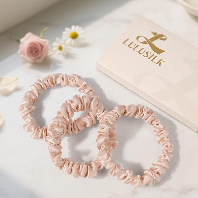 LULUSILK Small Silk Hair Ties No Damage, 100% Real Mulberry Silk, Skinny Scrunchies Ponytail Holders for Thin Fine Hair, Lotus Pink, Pack of 3