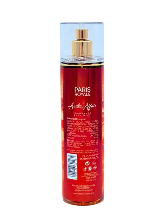 Paris Royal Amber Affair Body Mist for Women, 8 Fl Oz - Warm, Sensual Amber & Spice Fragrance - All-Over Luxurious Body Spray (Amber Affair)