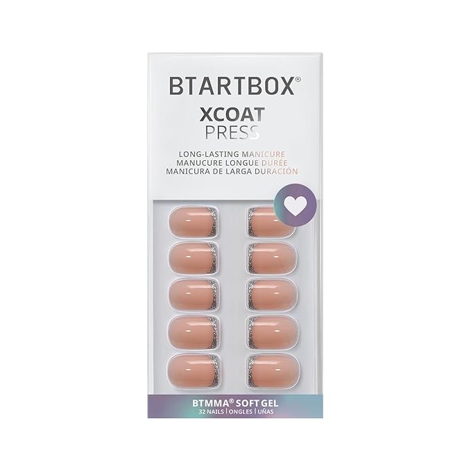 BTArtbox Press On Nails Short - Ice Thread, Silver Spakly French Tip Square Press On Nails with Glue and Adhesive Tabs for Women, Soft Gel Glue On Nails in 16 Sizes - 32 Stick On Nails Kit