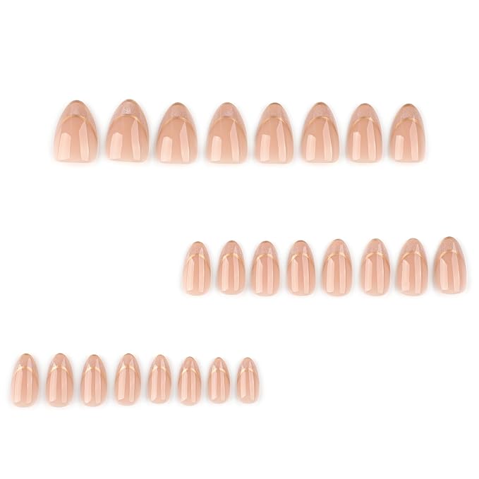 XZMeiLun Double Gold French Tip Press On Nails Almond Squoval, French Tips Designer Reusable Acrylic Nails Press Ons, Fake Nails With Glue On, Daily Wear Floral False Nails For Women