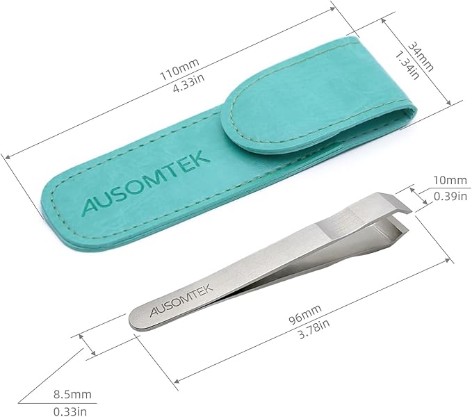 AUSOMTEK Beard & Hair Plucking Tweezers, Fine Eyebrow Tool, Stainless Steel, 10mm Tip, Anti-Slip Slot Design, Cyan PU Case