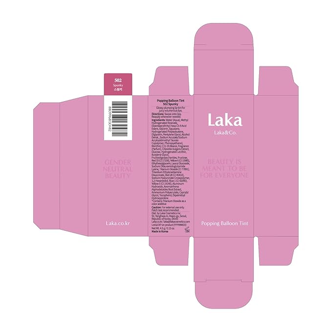 Laka Popping Balloon Lip Stain, 4.5g/0.15oz, Glossy Plumping Lip Tint, Moisturizing, Non-Sticky Texture for All-Day Hydration, Vegan, K-Beauty (#502 Spunky)