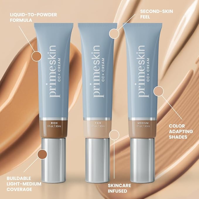 Prime Prometics PrimeSkin CC+ Cream for Mature Women – Liquid-to-Powder Foundation – Blurs Pores & Covers Age Spots – Crease-Free, Hydrating & Soft-Matte Finish for Sensitive Skin (Golden Medium)