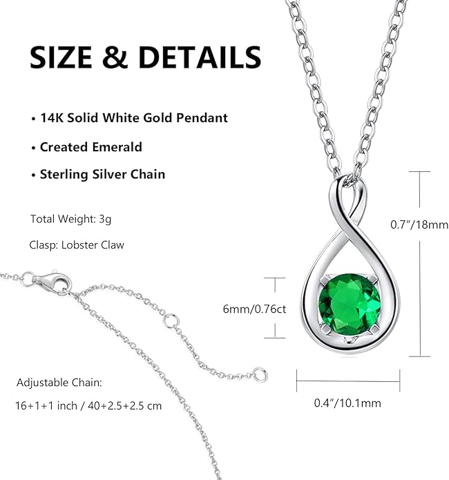 FANCIME 14K Solid Gold Birthstone Pendant with Sterling Silver Chain Infinity Gemstone Necklace Fine Jewelry Anniversary Birthday Christmas Gifts for Women Wife Her