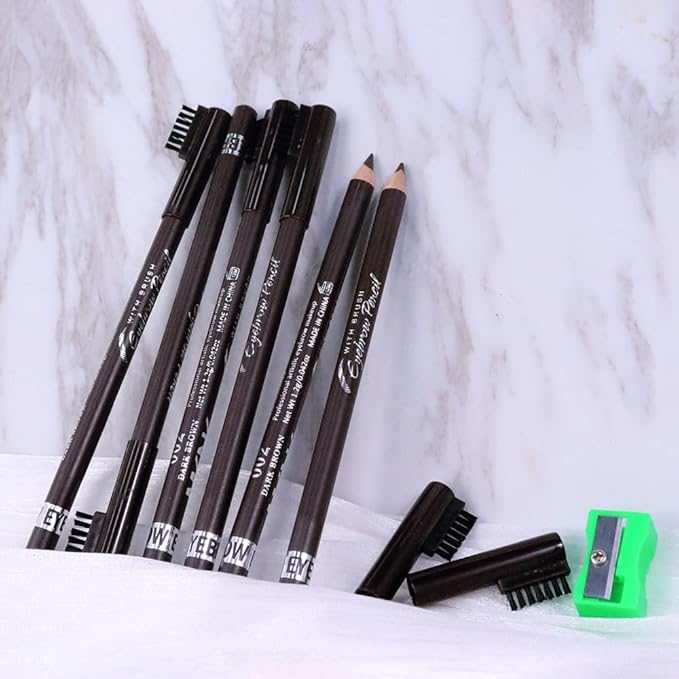 Eyebrow Pencils for Women with Sharpener, 6Pcs Hard-Core Wooden Eye Brow Eye Liner Pencils for Beginner Makeup, Waterproof & Sweat-Proof (6Pcs-Dark Brown)