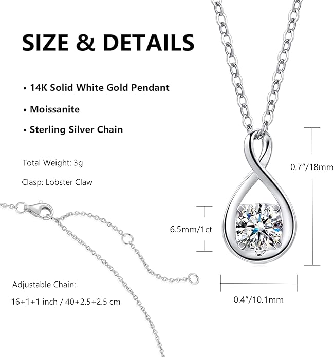 FANCIME 14K Solid Gold Birthstone Pendant with Sterling Silver Chain Infinity Gemstone Necklace Fine Jewelry Anniversary Birthday Christmas Gifts for Women Wife Her