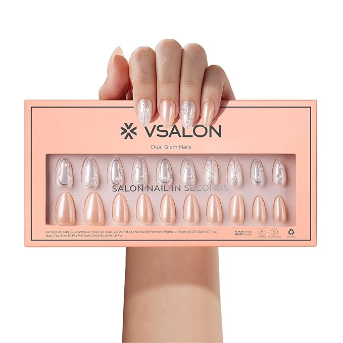 VSALON Press-On Nails Short Almond - 42 PCS Pearl White 3D Metallic Fake Nails for Women, 32 Main Nails in 16 Sizes &10 Champagne Alternative Nails - Reusable Glue on Nails Set with Tool Kit