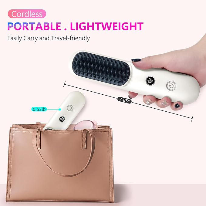 STUDLLY LCD Screen Cordless Hair Straightener Curler 2 in 1, Portable Mini Hair Straightening Brush for Travel Negative Ionic Fast Heating Hot Comb for Women, Folding Brush with Mirror, White