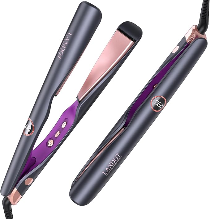 LANDOT 2-in-1 Hair Straightener & Curling Iron - Create Salon Waves, Curls & Straight Styles at Home | Floating Plates, Anti-Frizz & Tangle-Free | Dual Voltage, Temp 250-450ยฐF for All Hair Types