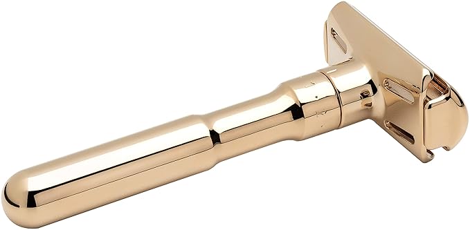 MERKUR FUTUR 702 Adjustable Double Edge Safety Razor - Bright Gold, Adjustable Razor With Dial, Made in Germany, Plastic-Free, Snap-On Cap Design, Straight Bar