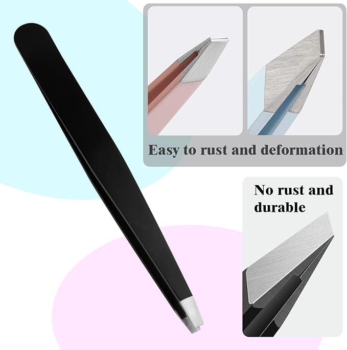 FIVETAS Stainless Steel Tweezers for Eyebrows-Flat Tweezer with Case for Women&Man,Great Precision on Brow,Facial Hair and Ingrown Hair Removal(Black)