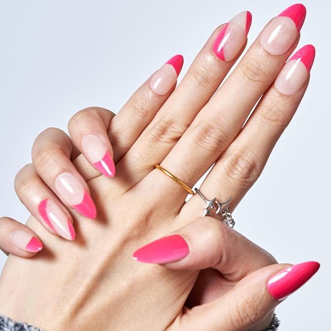 GLAMERMAID Pink French Tip Press on Nails Medium Almond, Nude Gel False Nals, Jump Color Stiletto Glossy Glue on Nails Kit for Women, Reusable Short Oval Stick on Acrylic Fake Nails Manicure Set