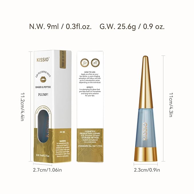 KISSIO PLUMP Lip Plumper,0.3 fl oz (9 ml),Maximum Plump with Ginger and Peptides,Extreme Lip Plumper,Hydrating and Plumping,Lips Lines Care,Lips Gloss,Beginner | Large capacity, Powerful Formula