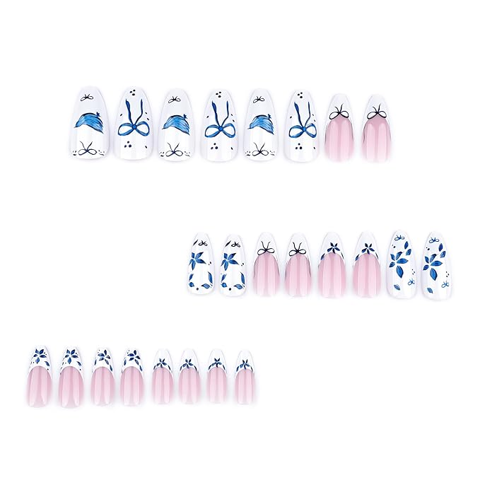 XZMeiLun French Tips Press On Nails Short Almond, Flower Bird Bow Sticke On Nail, Floral Designer Reusable Acrylic Nails Press Ons, Fake Nails With Glue On Nail, Daily Wea False Nail For Women
