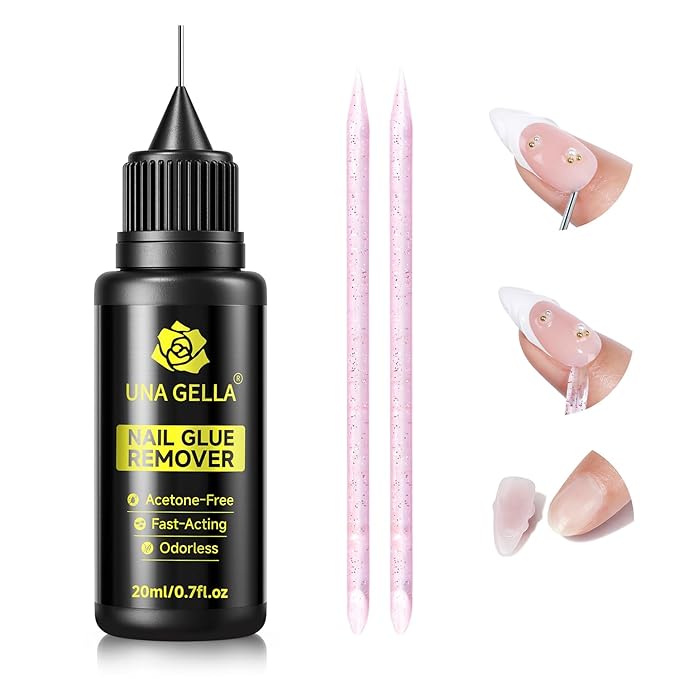 UNA GELLA Nail Glue Remover for Press on Nails,20ml Pinpoint Non-Acetone Gel Nail Glue Remover for Nails Tips,Gentle GLUE Remover with Upgraded Stick Easy Removal DIY Manicure Supply