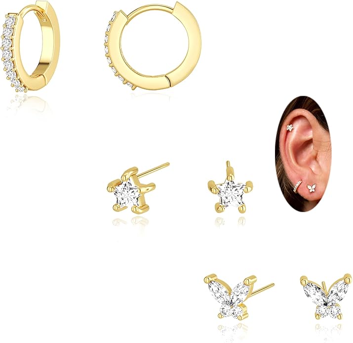 Freekiss 3 Pairs Gold Hoop Earrings Set: Dainty Stud Earrings Trendy Small 14K Gold Plated Hypoallergenic Dangle Cartilage Huggie Hoop Earrings for Women Gold Jewelry for Women Gifts