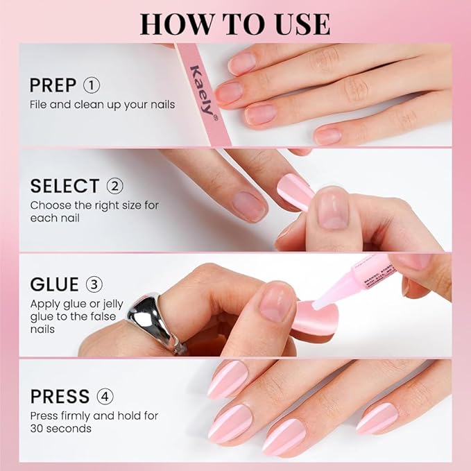Press on Nails Short Almond - Nude Pink Chrome Glazed Glossy Press on Nail Tips Stick on Nails with Nail Kit for Gift, Reusable Stick On Nails in 15 Sizes 30 Full Cover Acrylic Soft Gel Fake Nails Kit