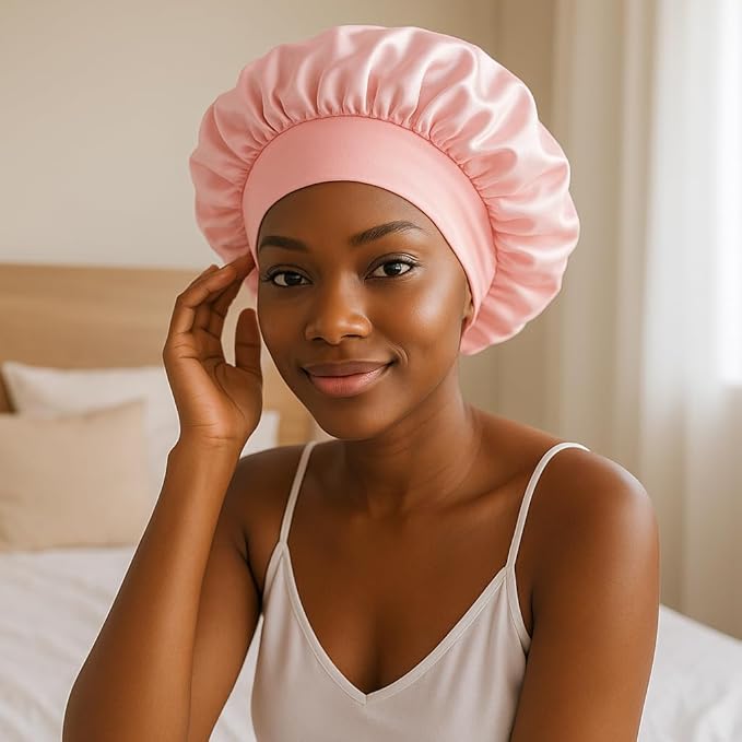 Satin Sleep Bonnet for Women - Pink Silk Hair Wrap for Sleeping, Adjustable Soft Night Cap for Curly Hair, Natural Hair Protection, Frizz-Free, Single Layer Lightweight