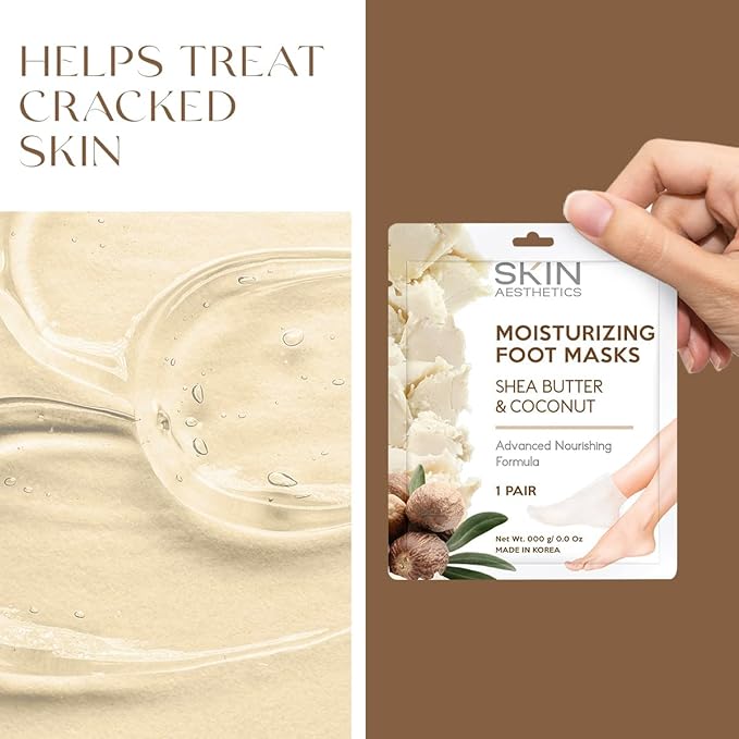 Skin Aesthetics Shea Butter & Coconut Foot Masks - Moisturizes & Repairs Cracked Feet, Hydrating & Exfoliating - Dermatologist Tested Korean Skincare - Clean Beauty, Cruelty-Free - 3 Pairs