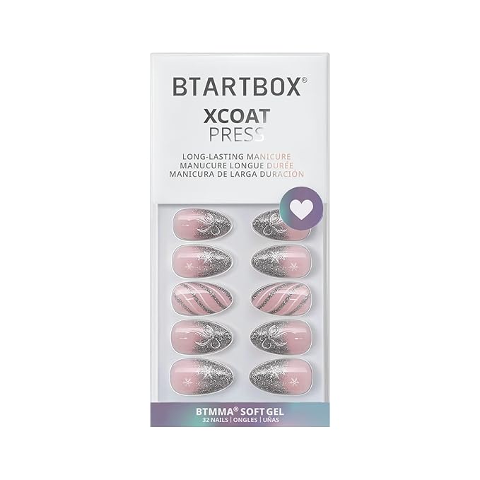 BTArtbox French Tip Press On Nails - Sparkle Bow, Lamp-Curable Short Almond Press On Nails with Glue and Adhesive Tabs for Women in 16 Sizes - 32 Soft Gel Glue On Nails Kit