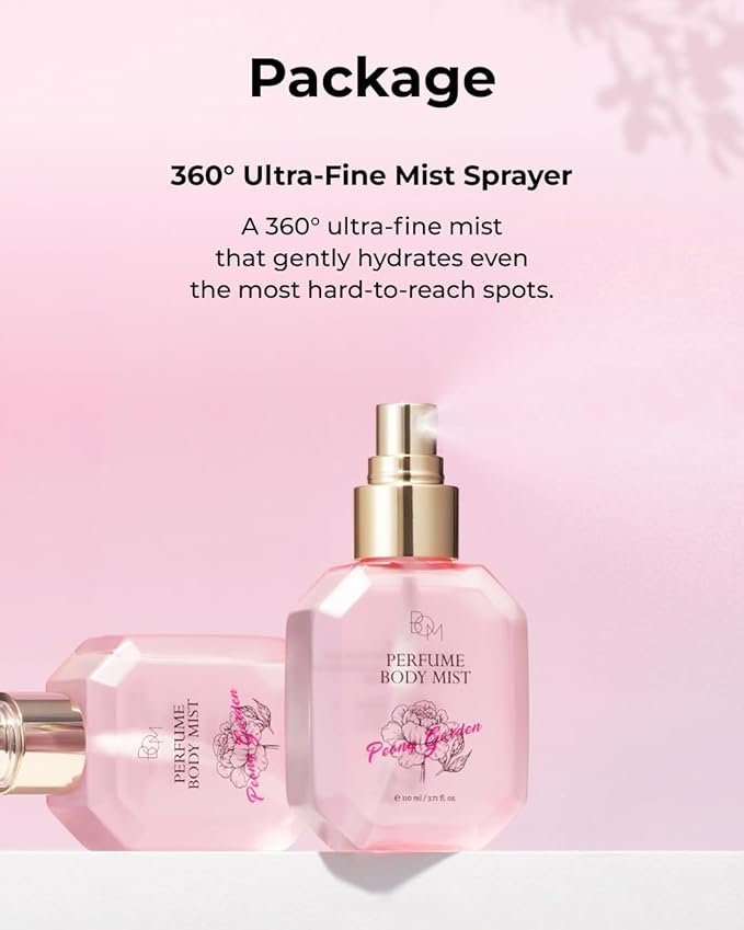 BOM Peony Garden Perfume Body Mist 3.71 Fl Oz, Floral Scented Fine Mist with Hyaluronic Acid, Niacinamide & Vitamin C, Hydrating, Lightweight Body Perfume, Long-Lasting Fragrance, Korean Skincare