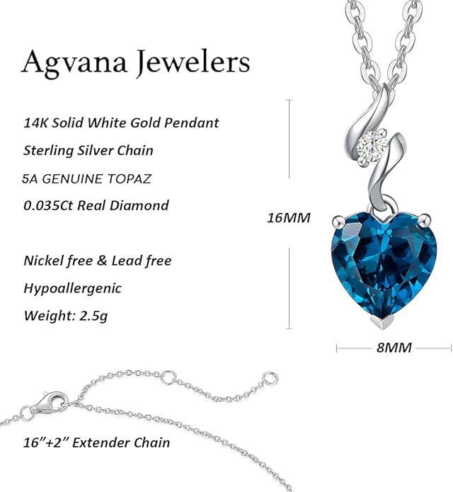 AGVANA Christmas Gifts 14K Solid White Gold Diamond Gemstone Pendant with Sterling Silver Chain 8mm Heart Birthstone Necklace Fine Jewelry Anniversary Birthday Gifts for Women Mom Wife