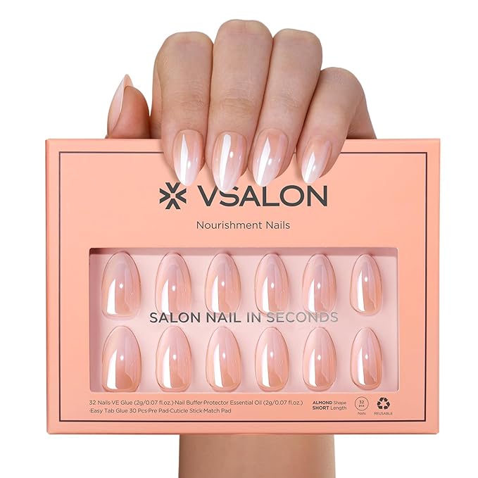 VSALON Press on Nails Short Almond - Chrome Ombre Nails Kit for Women, Reusable Opaque Soft Gel Fake Nails with Glue & Cuticle Oil - 32 PCS Glue On Nails in 16 Sizes (Romantic Floral)