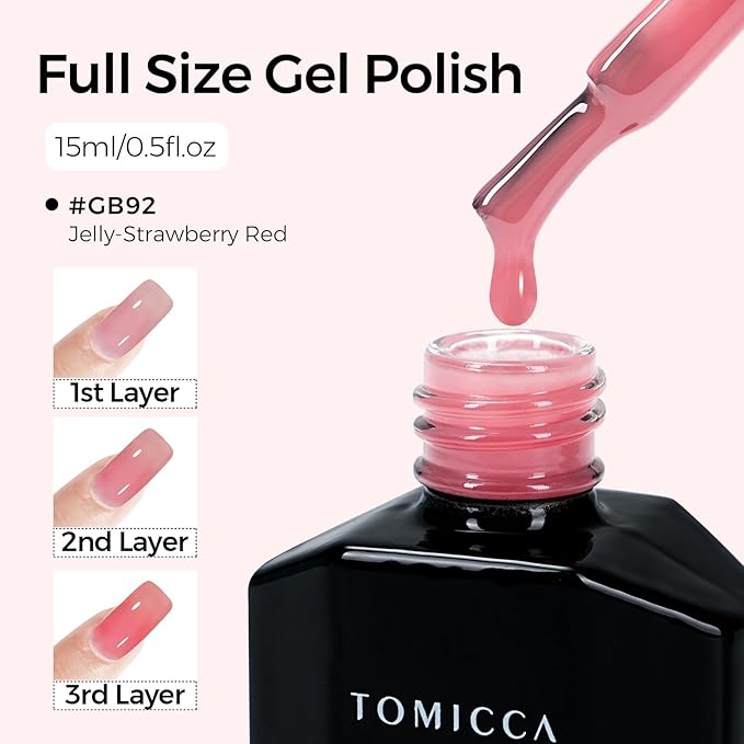 TOMICCA Jelly Gel Nail Polish, 15ml Light Red Jelly Nails Gel Polish, Soak Off UV Led for Cure, Strawberry Red Translucent Colors Long Lasting French Nail Art Manicure Salon For Woman