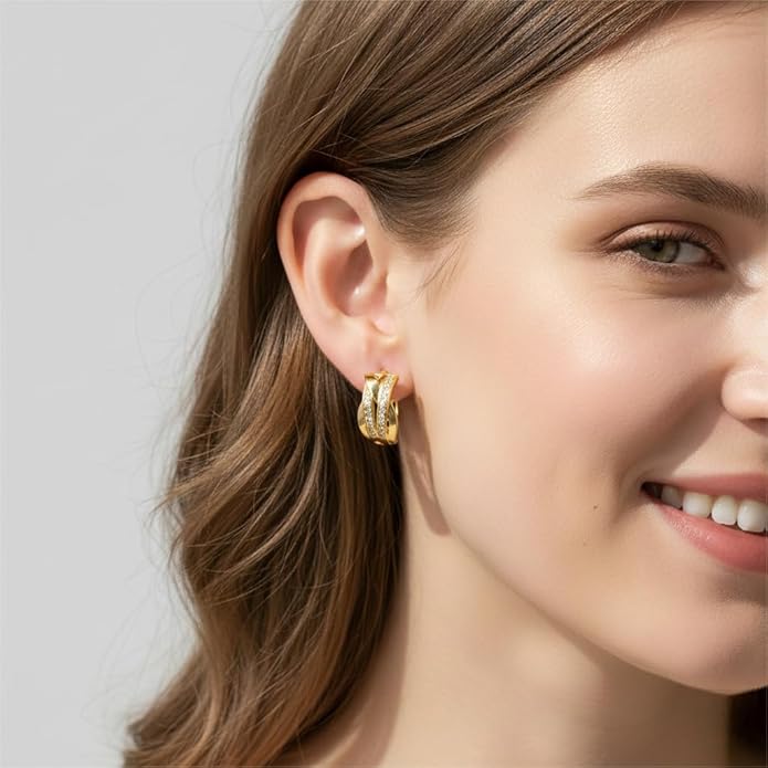 14K Gold Plated Hoop Earrings 14 Karat Gold Plated Earrings for Women Thick Small Diamond Hoop Earring X-shaped Hoops Earring for Women 20MM