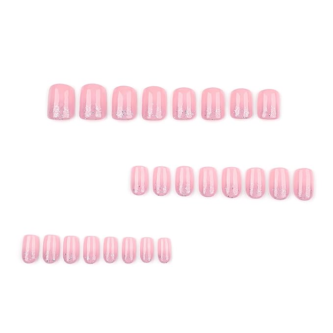 XZMeiLun Pink Flash Press On Nails Short Square, Glitter Ombre Design False Nails Short, Reusable Thick Acrylic Gel Stick On Fake Nails with Glue For Women, Salon Quality Nail Kit, Gift for Woman
