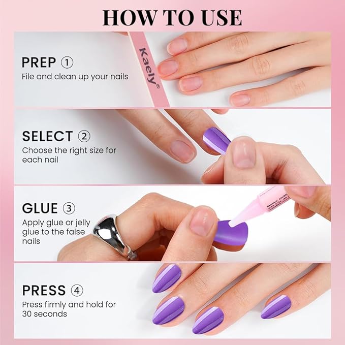 evpct Press on Nails Almond Short, Violet Purple Glitter Shimmer Shiny Short Almond Fake Nails for Women Gift, Soft Gel Press Stick on Nails with Nail Kit 30Pcs Reusable Acrylic Fake Nail Manicure Kit