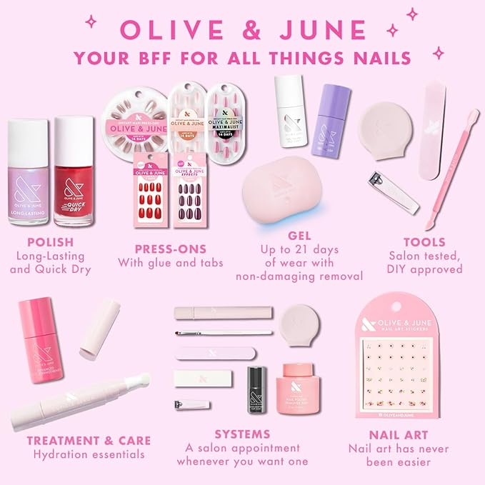 Olive & June Instant Mani Press-On Nails | (Glue) Short, Round 42 Fake Nails, 21 Sizes Non-Toxic | Long-Lasting Recycled Materials Realistic Look | Salon-Quality at Home | Daisy Chain