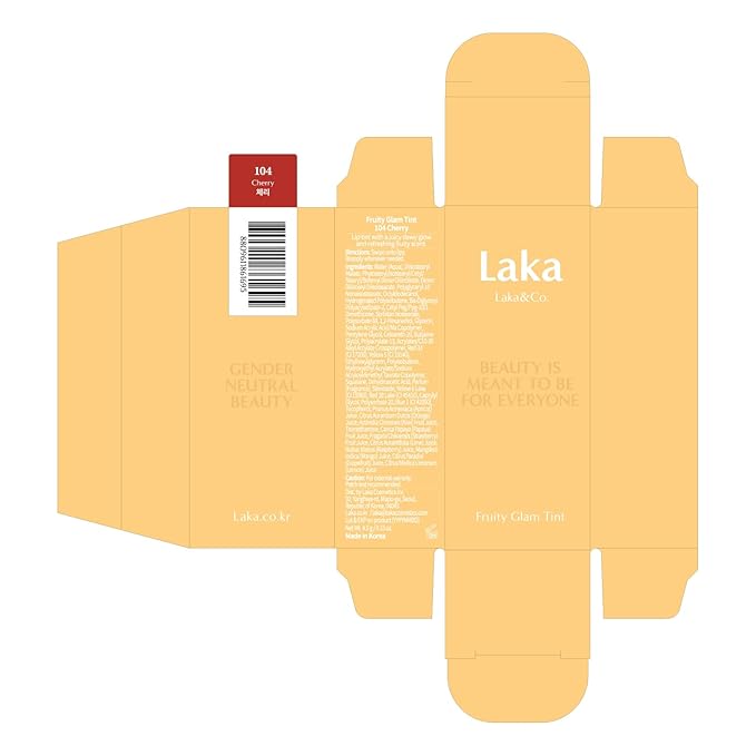 Laka Fruity Glam Tint, 4.5g/0.15oz, Glowing Lip Stain with Wide Color Spectrum, Hydrating & Lightweight Texture, Long-Lasting Bold Stain, Non-Sticky, Vegan, K-Beauty (#104 Cherry)