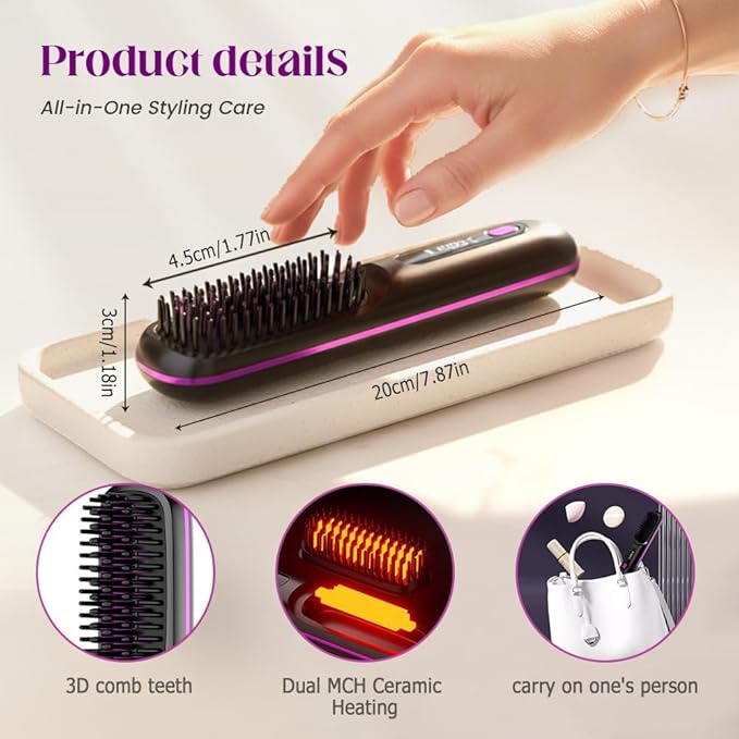 2026 New Cordless Hair Straightening with LCD Temperature Display, Fast Heating, Portable Hair Brushs for Travel (Purple)