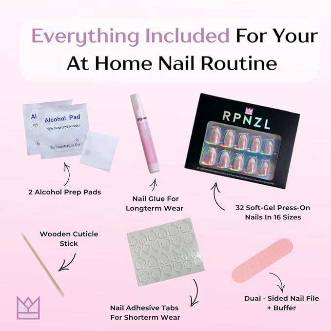 RPNZL Press On Nails - Paris | French Tip, UV Finish Almond Nails, Reusable | 16 Sizes - 32 Nails in Kit with Glue (Love)
